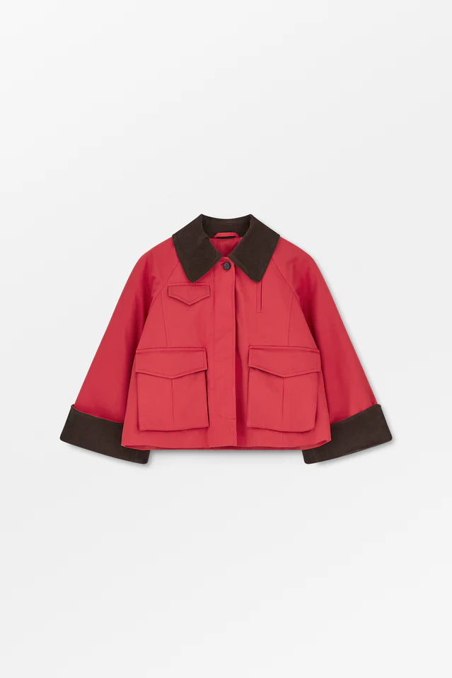 Red jacket with black collar and cuffs on a white background
