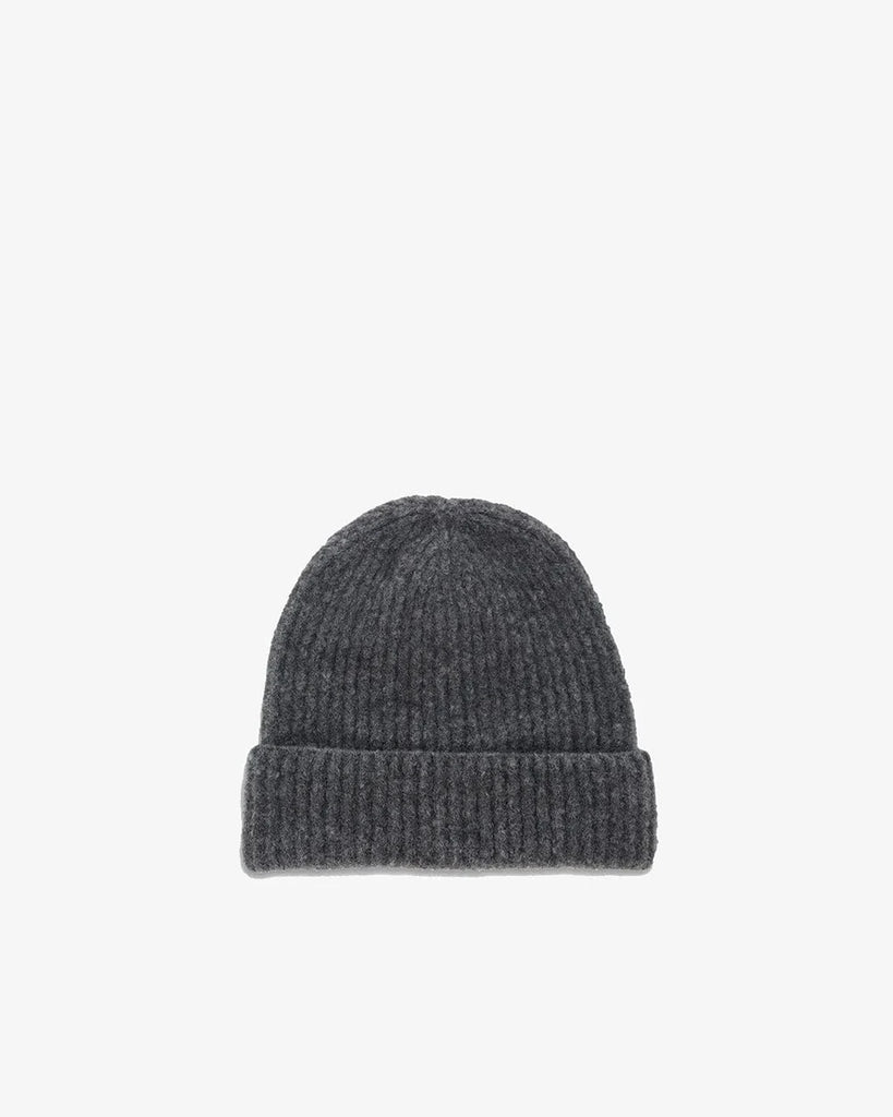 Gray knit beanie on a white background