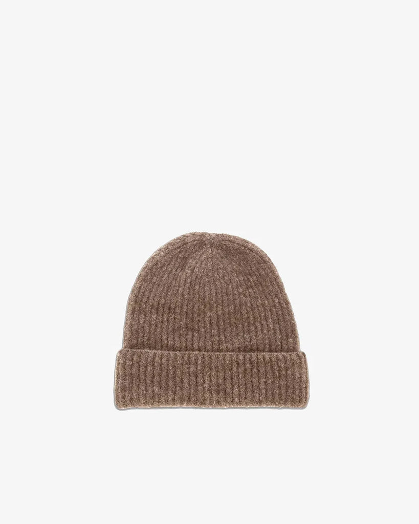 Brown knit beanie on a white background